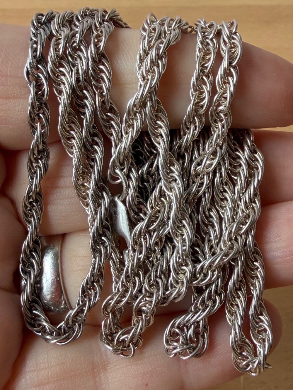 VINTAGE SILVERTONE METAL TWISTED EXTRA LONG ROPE CHAIN 925 STERLING LOBSTER LOCK